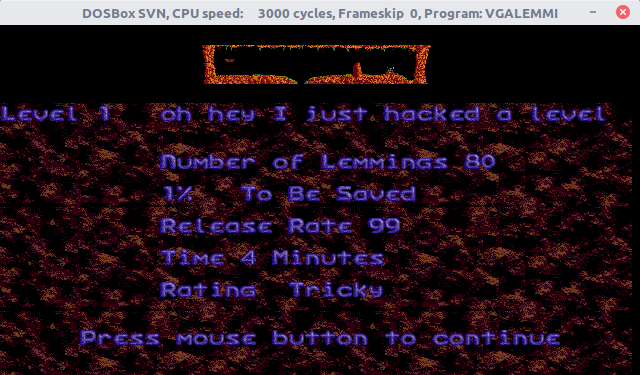 Lemmings level introduction page with the relevent values changed