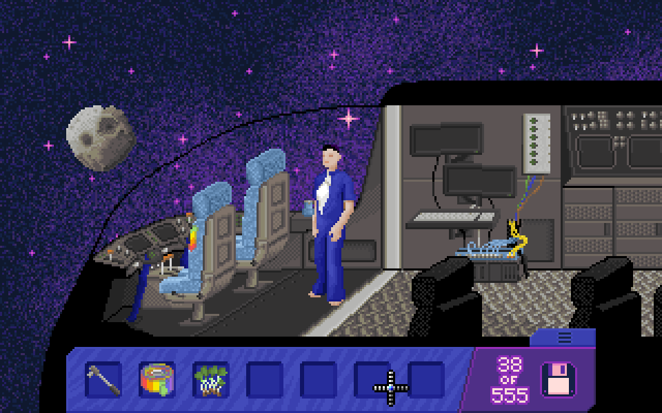 Person wearing blue coveralls standing in the cockpit of a spaceship, watching a meteor pass the window. There is a blue inventory bar at the bottom of the screen.