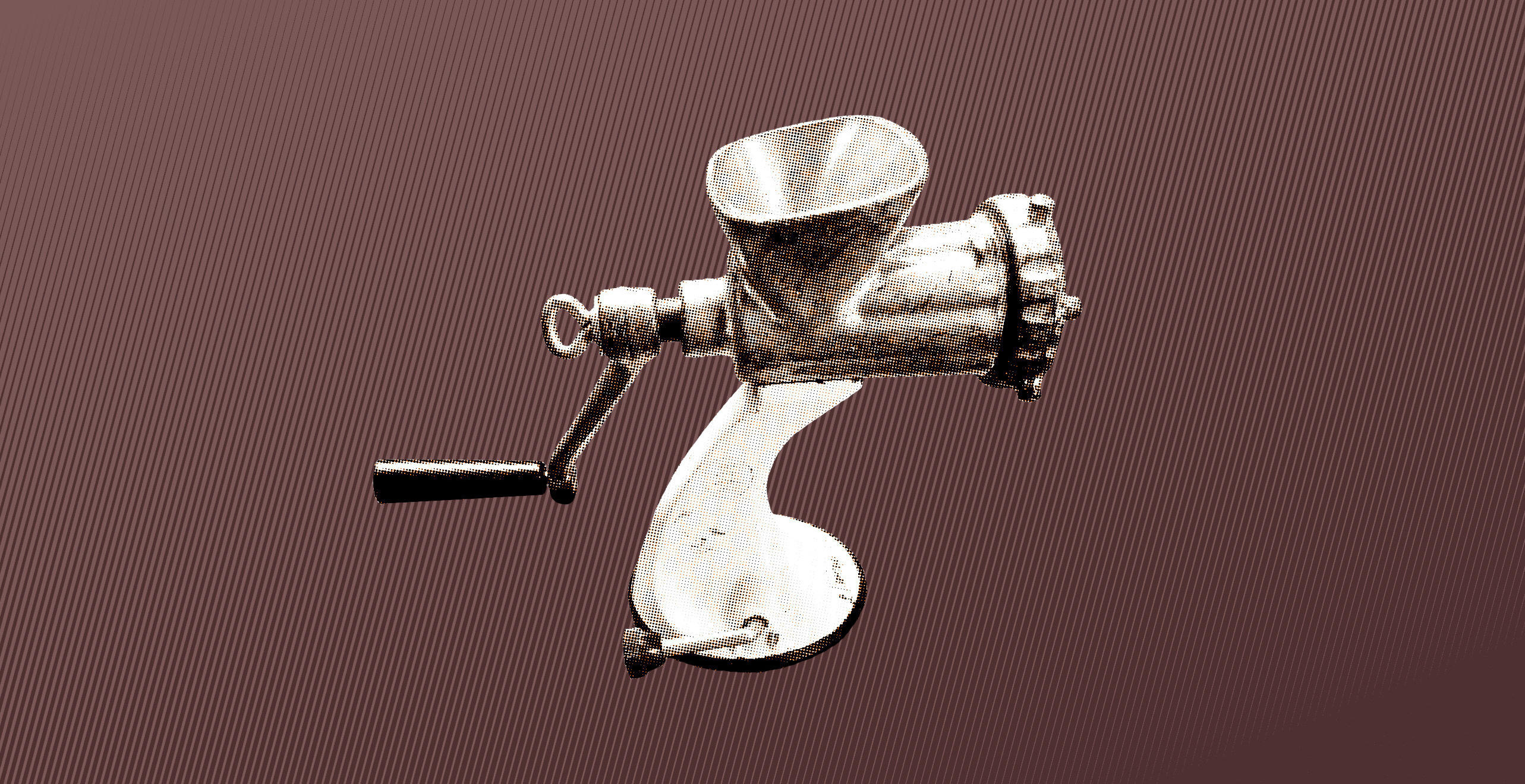 A stylized halftone image of a meat mincer, based on a photograph from Ebay seller retrometropolous66 named "VINTAGE RETRO SPONG  CAST ALLOY HAND MEAT GRINDER MINCER MADE IN ENGLAND".